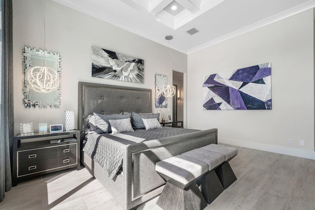 bedroom featuring coffered ceiling, beamed ceiling, light hardwood / wood-style flooring, and a high ceiling