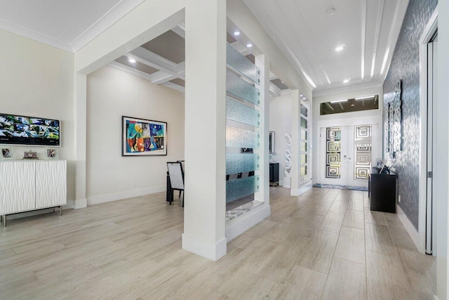 hall featuring coffered ceiling, ornamental molding, light wood-type flooring, and beam ceiling