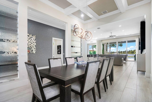 dining room featuring coffered ceiling, beamed ceiling, light hardwood / wood-style flooring, and ceiling fan