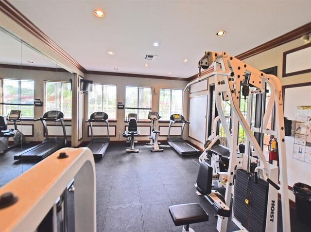 exercise room with ornamental molding and a wealth of natural light