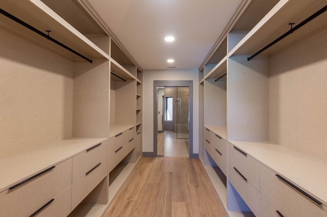 spacious closet featuring light hardwood / wood-style flooring