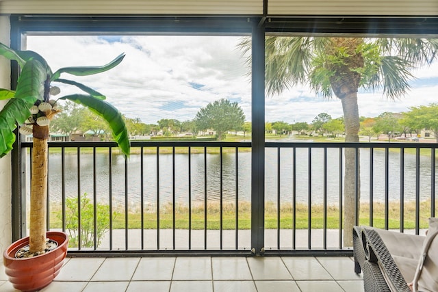 exterior space with a water view