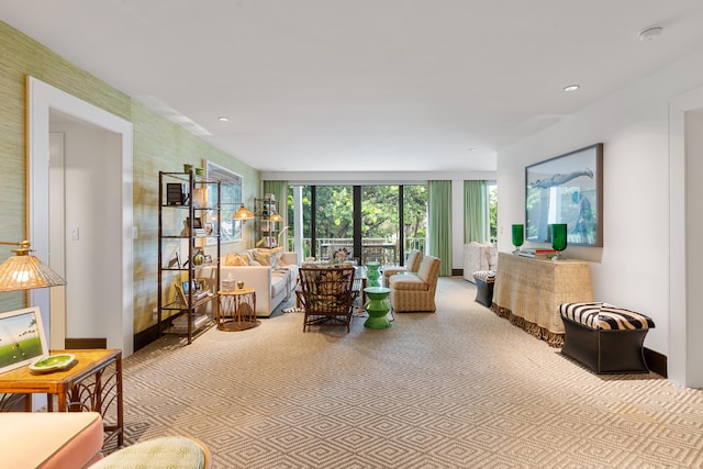 living room featuring light colored carpet