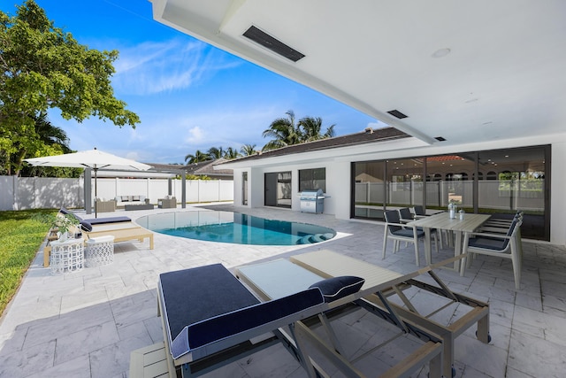 view of pool featuring a fenced in pool, a fenced backyard, an outdoor hangout area, grilling area, and a patio