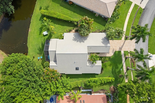 aerial view featuring a water view