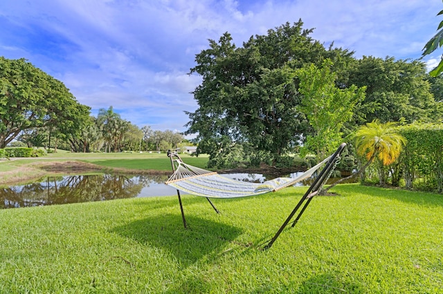 view of home's community featuring a yard and a water view