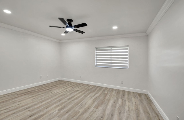 unfurnished room with light wood-type flooring, ceiling fan, and ornamental molding