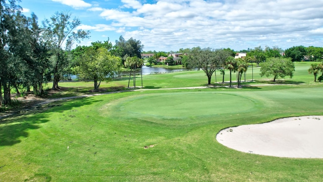 view of property's community featuring a lawn and a water view