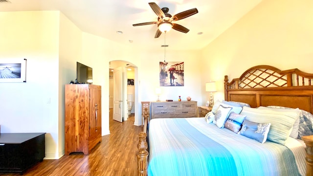 bedroom with hardwood / wood-style flooring and ceiling fan