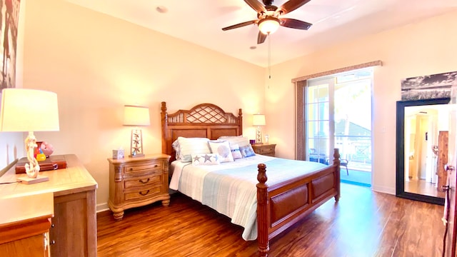 bedroom featuring access to exterior, ceiling fan, and dark hardwood / wood-style flooring