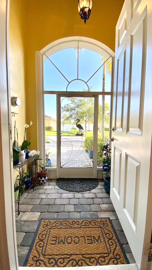 entryway featuring a towering ceiling and plenty of natural light