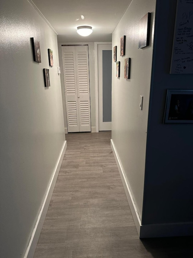 hallway featuring hardwood / wood-style flooring and crown molding