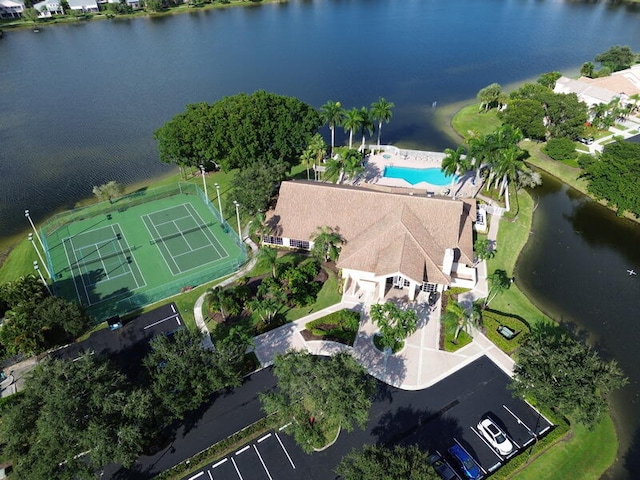 drone / aerial view with a water view