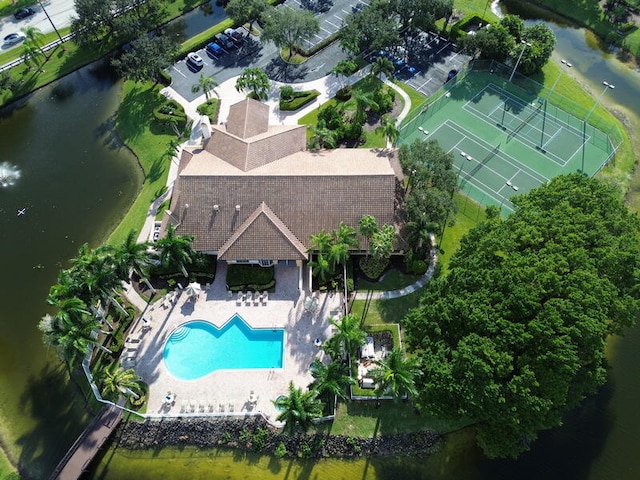 drone / aerial view featuring a water view