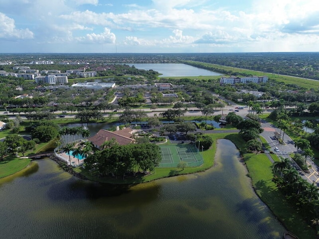 bird's eye view with a water view