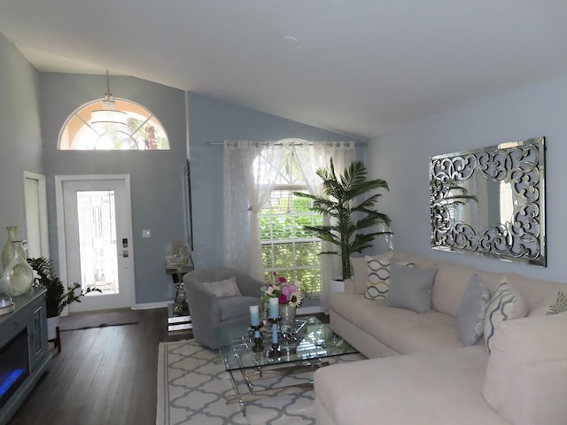 living room with lofted ceiling and hardwood / wood-style floors