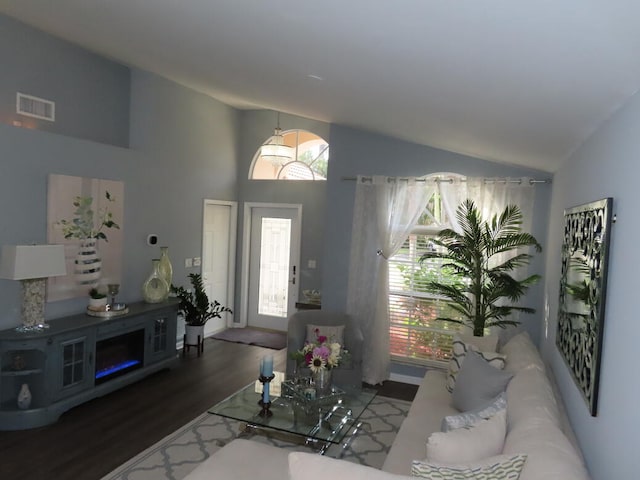 living room with lofted ceiling and hardwood / wood-style floors