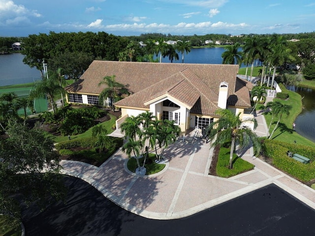 aerial view featuring a water view