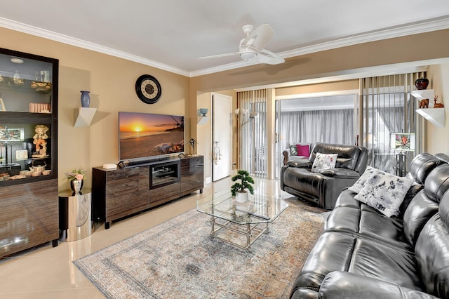 tiled living room with ceiling fan and ornamental molding