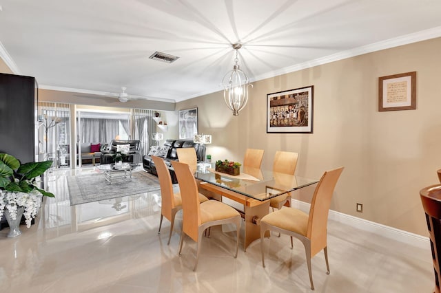 dining space with ceiling fan with notable chandelier and ornamental molding