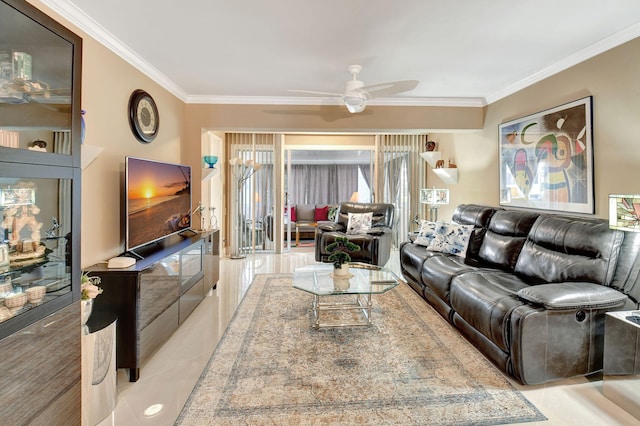 tiled living room with crown molding and ceiling fan