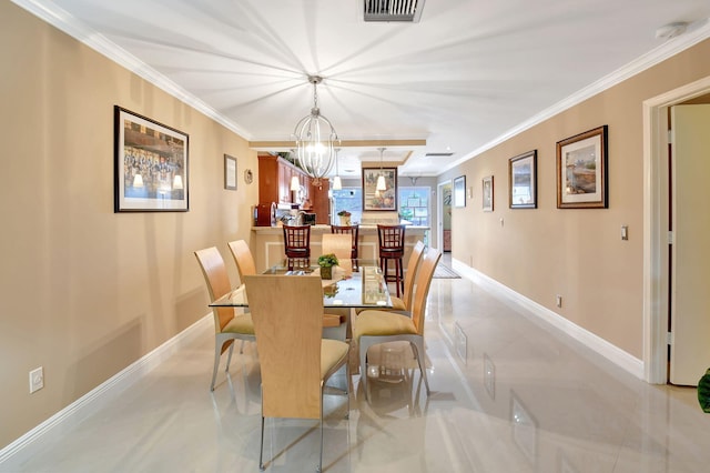 tiled dining area featuring crown molding and a notable chandelier