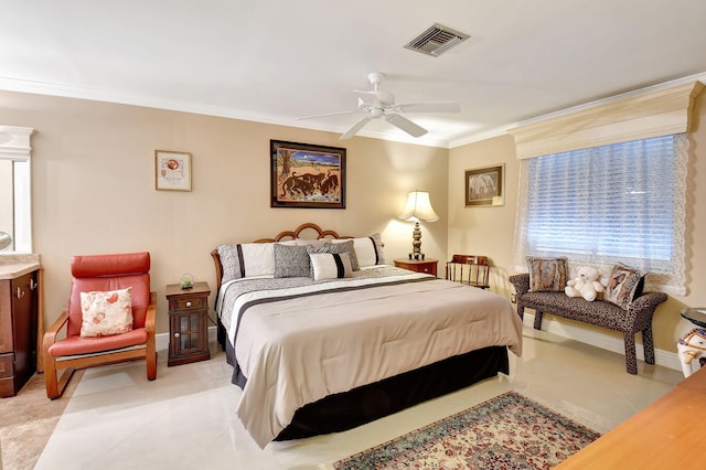 tiled bedroom featuring ceiling fan and ornamental molding