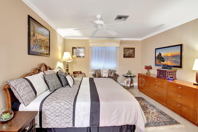 tiled bedroom featuring ceiling fan and crown molding