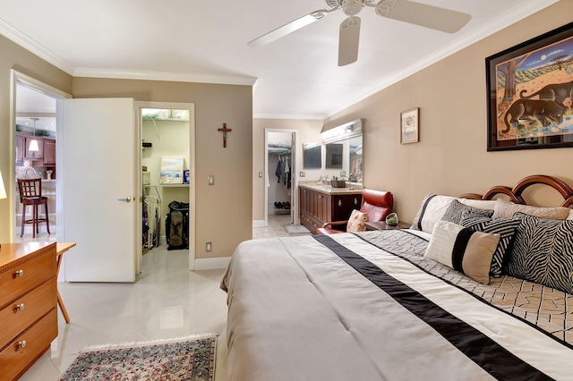 tiled bedroom featuring ceiling fan, a spacious closet, ornamental molding, and a closet