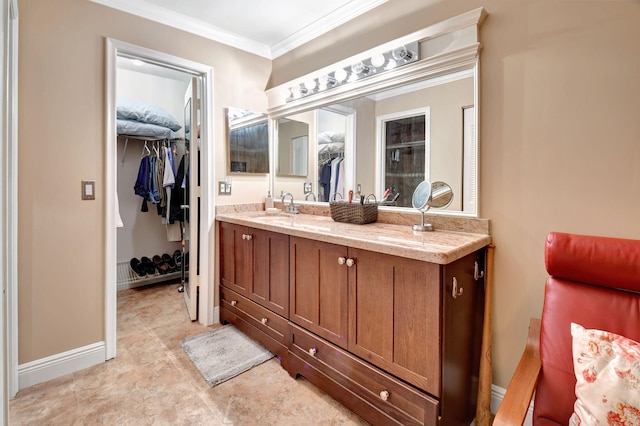 2721 SW 15th St Unit 203, Delray Beach, FL 33445 - full bathroom with a walk in closet, crown molding, vanity, a shower with shower door, and baseboards