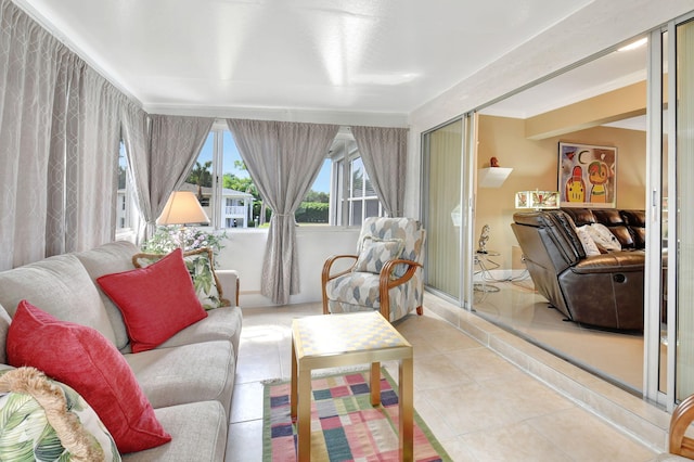 living room featuring light tile patterned floors