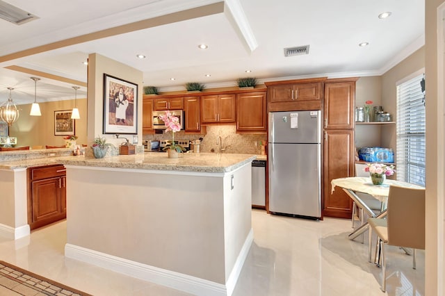 kitchen featuring backsplash, light stone counters, stainless steel appliances, pendant lighting, and light tile patterned flooring