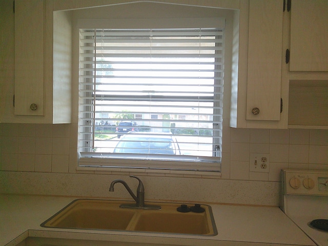 kitchen with stove, sink, and decorative backsplash