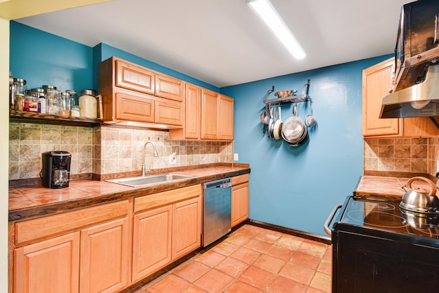 kitchen featuring sink, stainless steel dishwasher, backsplash, tile countertops, and black range with electric cooktop