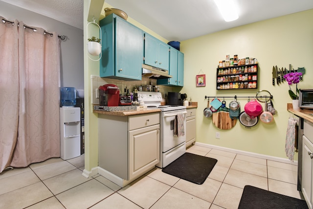 kitchen with blue cabinets, white electric range oven, white cabinetry, and light tile patterned flooring