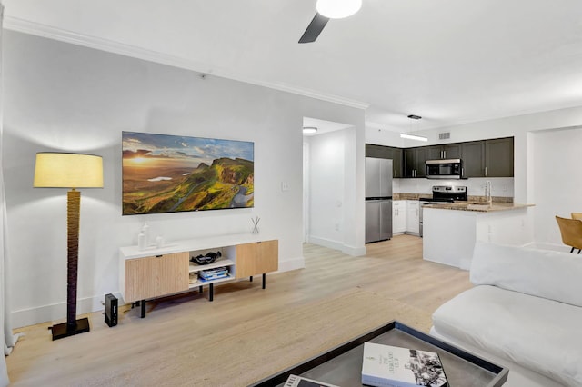 living room with ceiling fan, sink, light wood-type flooring, and ornamental molding