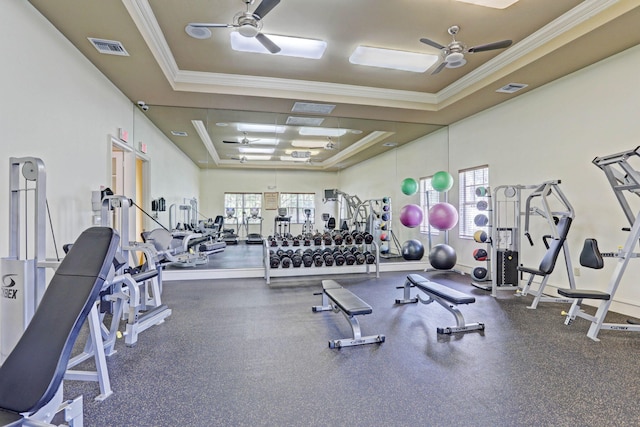 workout area with ceiling fan, a raised ceiling, crown molding, and a healthy amount of sunlight