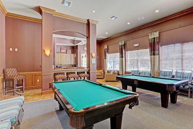 playroom featuring pool table and crown molding