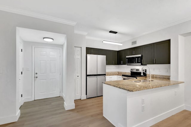 kitchen with light wood-type flooring, sink, kitchen peninsula, stainless steel appliances, and ornamental molding