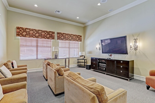 carpeted living room featuring crown molding and a wealth of natural light