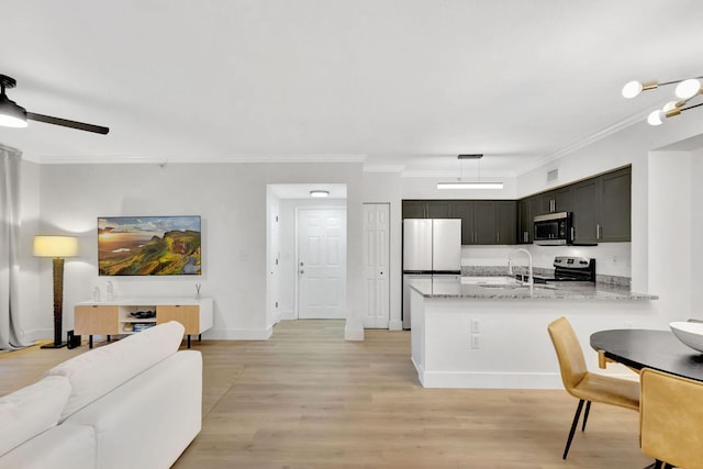 kitchen featuring light wood-type flooring, light stone counters, kitchen peninsula, appliances with stainless steel finishes, and ornamental molding