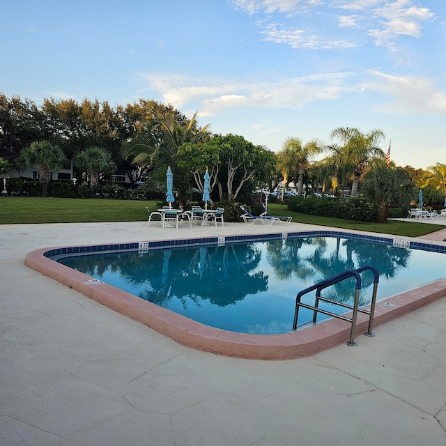 view of swimming pool with a patio and a yard