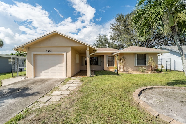 single story home featuring a front yard and a garage