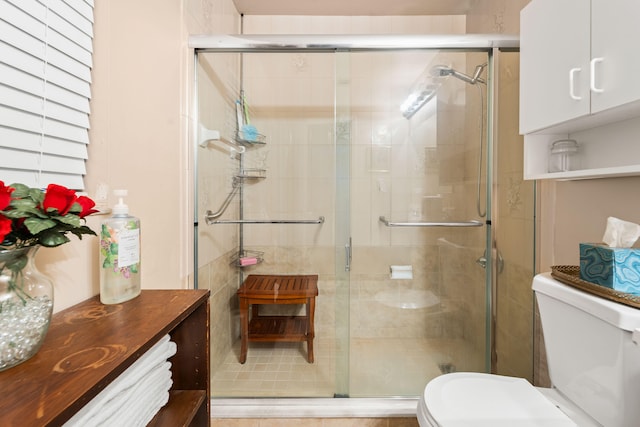 bathroom with vanity, toilet, and a shower with door