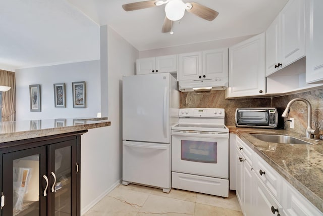 kitchen featuring white cabinets, decorative backsplash, white appliances, and sink