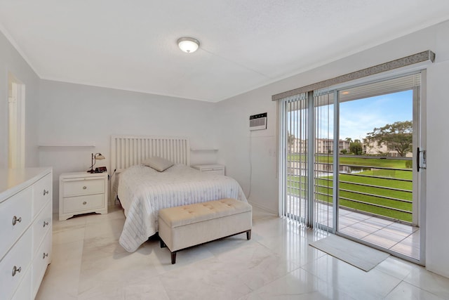 bedroom with access to exterior and a wall mounted air conditioner