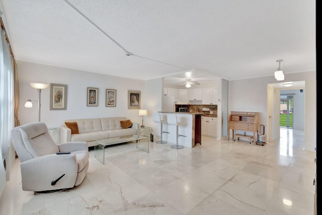 living room with a textured ceiling and ornamental molding