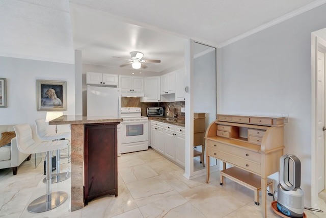 kitchen with a breakfast bar, backsplash, electric range, ornamental molding, and white cabinetry