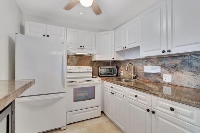 kitchen with white cabinetry, sink, and white appliances