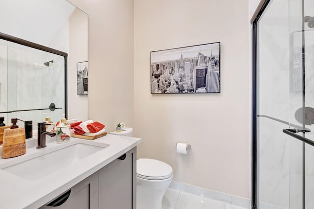 bathroom with vanity, toilet, tile patterned flooring, and an enclosed shower